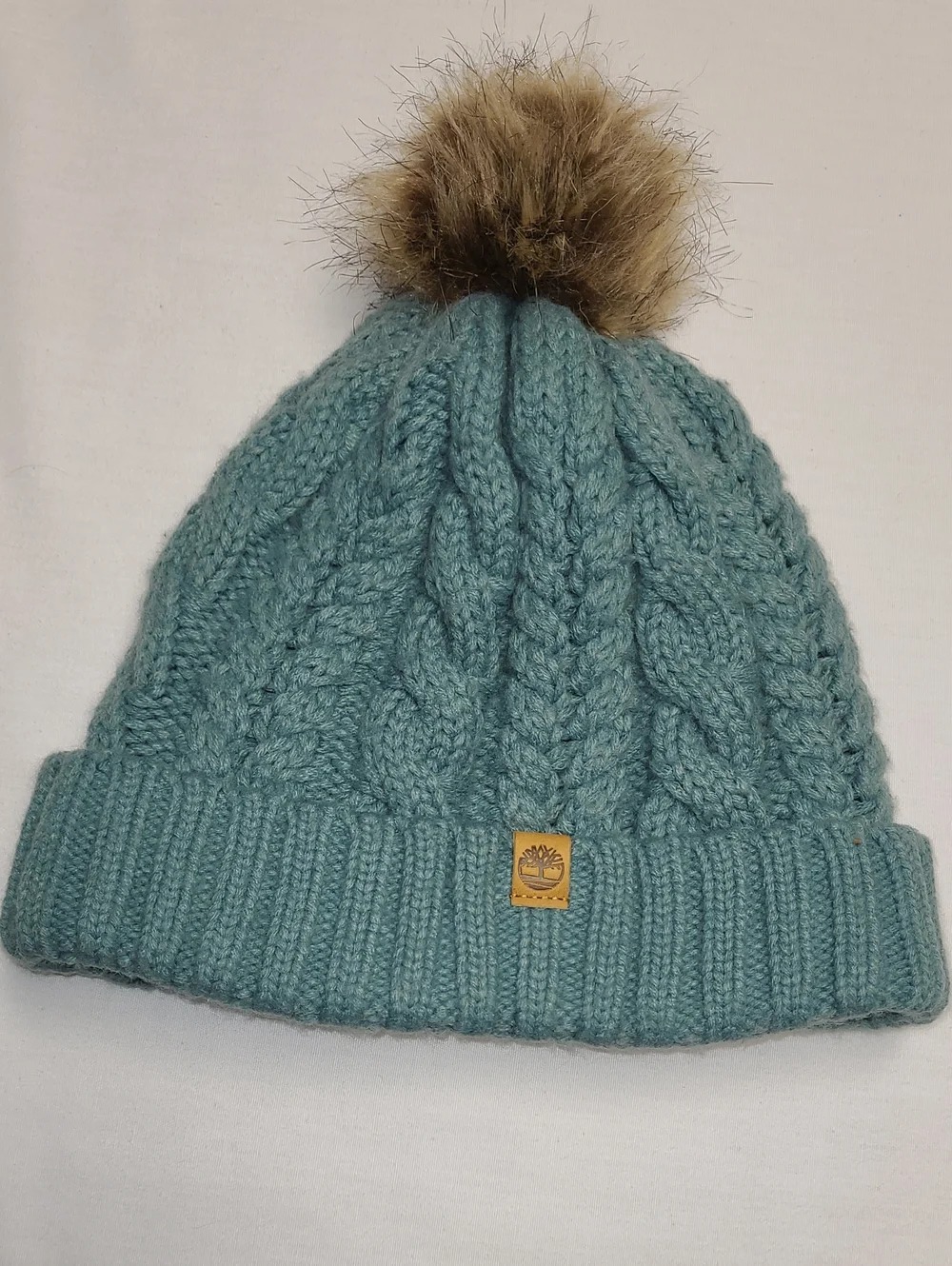 Timberland Teal Cable-Knit cuff Beanie with Faux Fur Pom fleece lined Hat